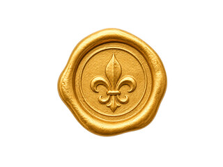 Golden wax seal with fleur de lis symbol isolated on white background. © Hseena