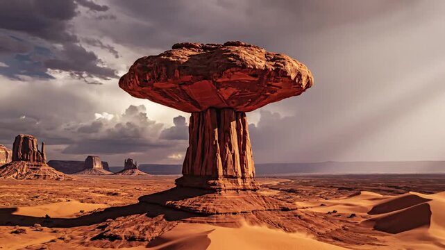 Large mushroom-shaped hoodoo rock formation standing in a vast desert landscape with sand dunes and distant mesas under a dramatic cloudy sky in the American Southwest.