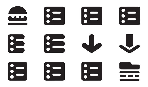Set of 12 black ui icons with hamburger menus and download arrows for apps and websites on grid background.