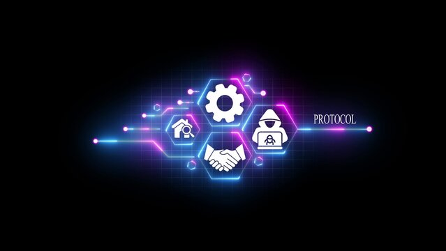 Neon glowing hexagonal interface with white of a gear, a house with a magnifying glass, a handshake, and a hooded hacker, set against a dark grid background, with the text protocol