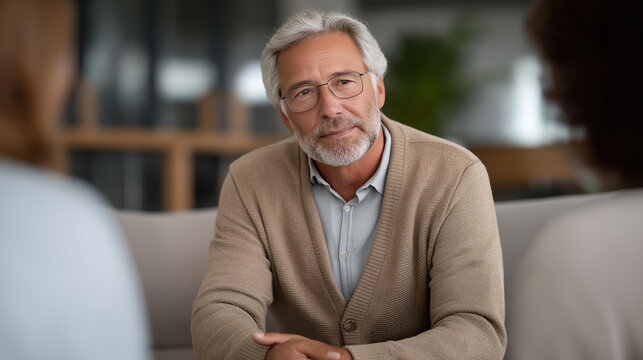 Older male partner at fertility clinic support group, visibly the eldest in the room, hands folded, listening intently to younger couples share struggles, subdued institutional