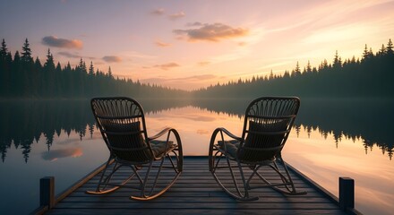 Fototapeta premium Two empty rocking chairs on a wooden dock overlooking a serene lake at sunset with a pine forest in the background