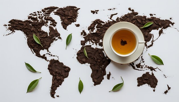 Tea cup on a world map made of soil and leaves on white background