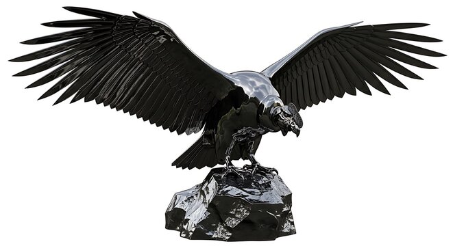 Majestic metallic condor sculpture with spread wings stands gracefully upon a dark rocky surface against a clean white isolated background