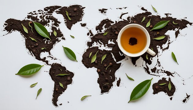 A cup of tea on a world map made of soil and leaves on white background