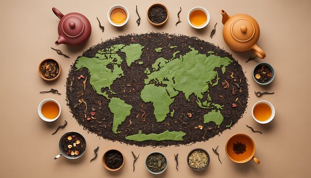 Tea leaves and teapots arranged around a world map on a brown background