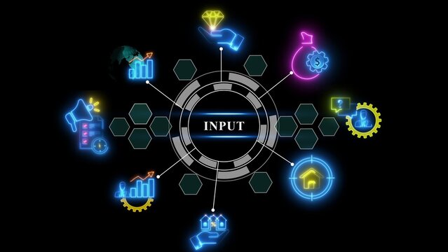 Central input label surrounded by glowing neon of finance, business, communication, and data analytics on a black background