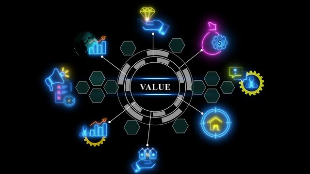Central value concept infographic with glowing neon of a diamond, money bag, house, and financial charts connected by thin white lines to a central circular hub on a black background