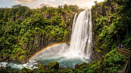 Fototapeta premium Tropical waterfall with rainbow over jungle pool at sunset