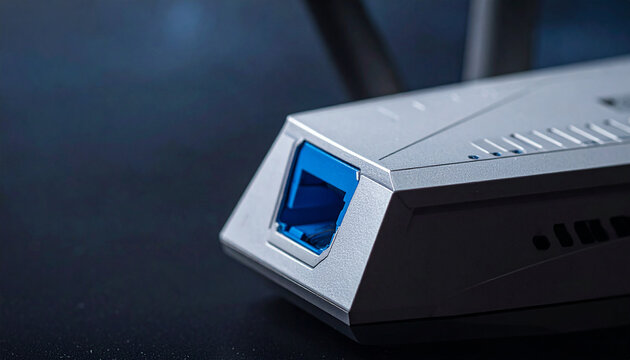 Close-up of a silver network router with a blue ethernet port internet technology
