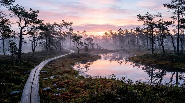 Wooden boardwalk through misty bog at pastel sunrise