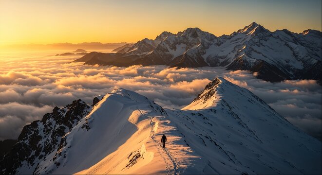 Lone hiker on snowy mountain ridge above sea of clouds at sunset