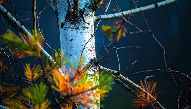 Close-up of birch tree trunk with pine needles in foreground and dark background bark