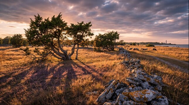 Twisted lone tree on coastal meadow with stone wall at sunset