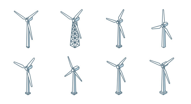 Isometric illustration of wind turbines showcasing renewable energy and sustainability concept