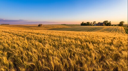 Golden wheat field with farmhouse at warm summer sunset © Fotkrat