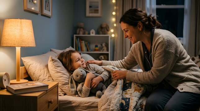 A woman tucking a child into bed with a teddy bear in a cozy bedroom at night with warm lighting.
