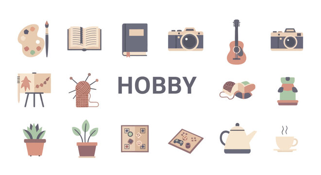 Illustration depicting various hobbies including art, music, reading, and photography