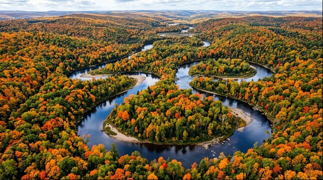 Aerial view of meandering river bends in colorful autumn forest