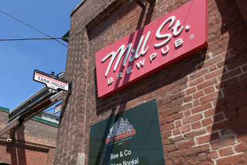 Naklejka premium exterior building and sign of Mill Street Brewpub located in the Distillery historic District, 21 Tank House Lane, Toronto