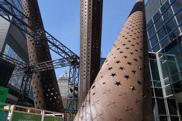 Naklejka premium abstract view of “Search Light, Star Light, Spot Light” (1998) by the artist John McEwen at Maple Leaf Square / Jurassic Park, Scotiabank Arena, Bremner Blvd, Toronto