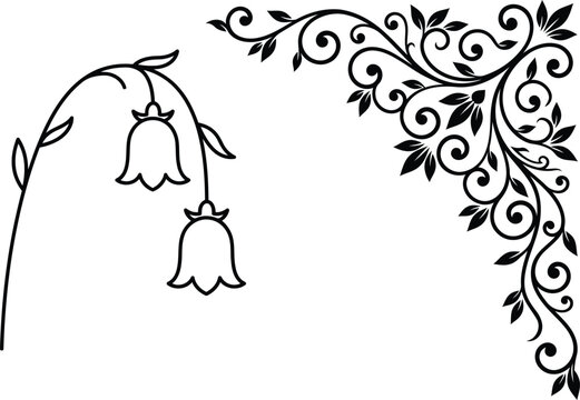 black line drawing of flowers and leaves on white background