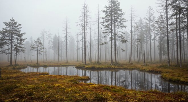 Foggy bog forest with dead pines and reflections in marsh