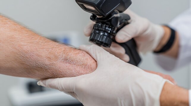 Morgellons disease:Close-up dermatology examination of irritated human skin with unusual fiber-like structures, doctor hands with medical gloves holding dermatoscope