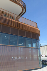 Naklejka premium close-up detail of Aqualuna condominiums at the edge of East Bayfront, Merchants' Wharf, Toronto