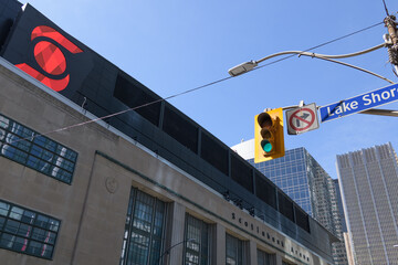 Naklejka premium looking north on Bay St from Lake Shore Blvd W to Scotiabank Arena, Toronto