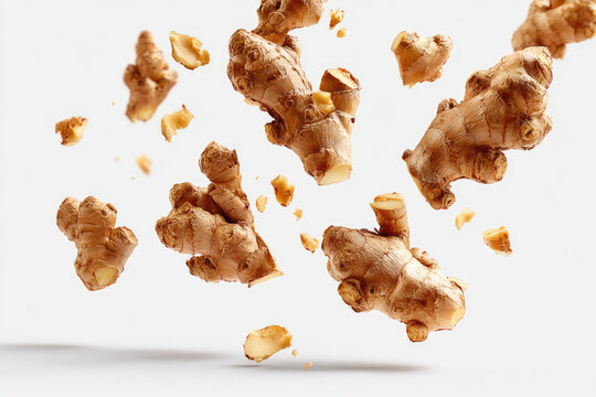Fresh Ginger Roots Falling in Mid-Air, Isolated on White Background 