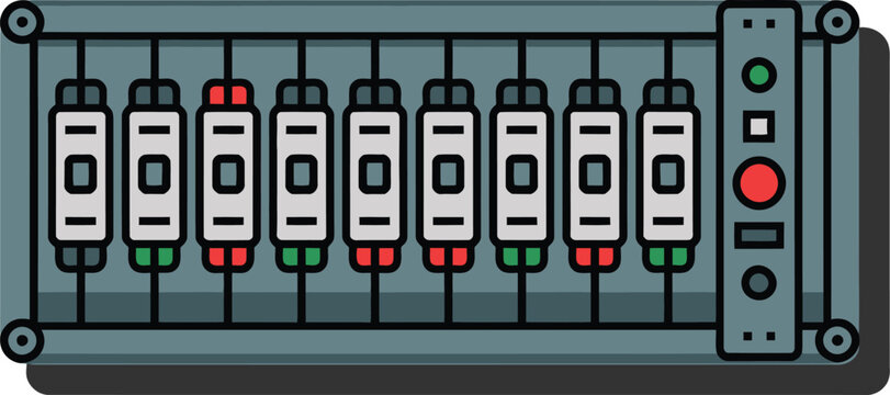 Electrical panel icons illustration set, generic circuit breakers and switches for power distribution system and industrial design.