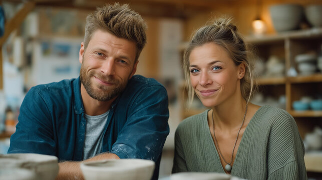 Couple at ceramics class, one partner absorbed and skilled, the other grimacing at lopsided bowl, gentle ribbing visible in their expressions, studio cluttered with drying clay,