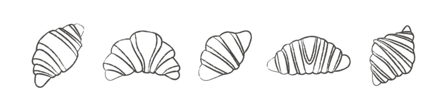 Hand drawn croissant outline set with detailed pastry line sketches for bakery menu design packaging branding and cafe illustration collection
