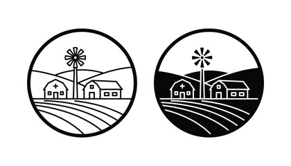 Farm landscape with windmill and barns icon in circular frame vector for agriculture and rural branding © Vertex
