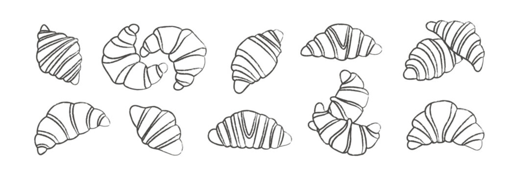 Hand drawn croissant set with outline pastry sketches for bakery menu design packaging branding and cafe illustration collection