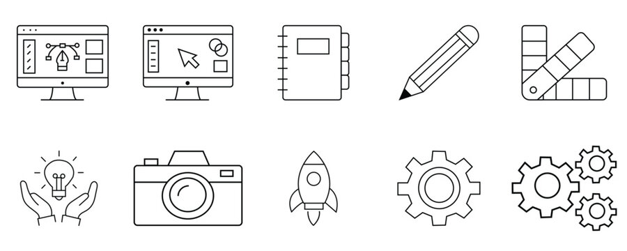 Graphic design icon set with computer monitor pencil camera rocket gears lightbulb notebook and color swatches for creative workspace project professional tools for artist and designer icon.