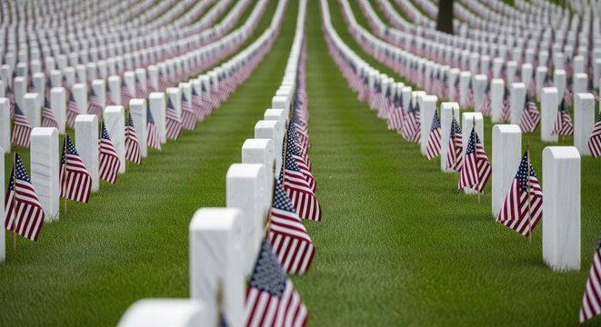 Solemn memorial day remembrance rows of white headstones with american flags at arlington national cemetery