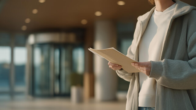 Patient clutching a thick folder of discharge instructions in a hospital lobby, coat half-on, no one beside them, revolving door ahead, pale winter light flooding the entrance,