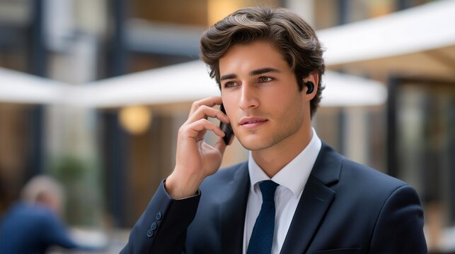 Young professional with hidden hearing aid adjusting volume discreetly during outdoor business lunch meeting, invisible disability accommodation in social setting, ideal for workplace inclusion and