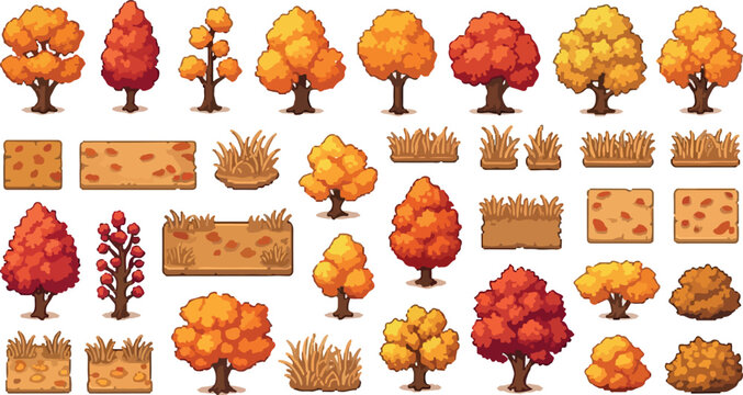 Autumn pixel art game assets, 2D platformer nature environment set, orange and red fall trees with grass tiles, retro 8-bit forest vegetation collection