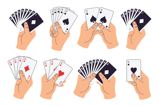 Card game hands icons illustration set, generic people arms holding playing cards deck shuffling and dealing for casino and leisure design.