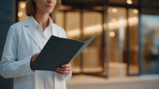 Patient clutching a thick folder of discharge instructions in a hospital lobby, coat half-on, no one beside them, revolving door ahead, pale winter light flooding the entrance,