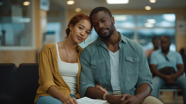 Interracial couple at immigration office waiting room, forms on laps, his hand over hers, fluorescent lights overhead, other couples in background equally strained, perfect for