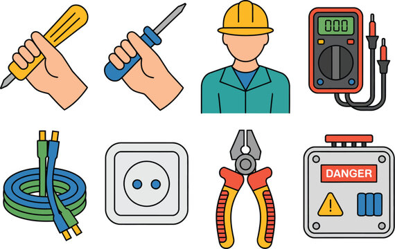 Electrical tools icons illustration set, generic electrician equipment including multimeter plier wire cable socket power box and repair service design.
