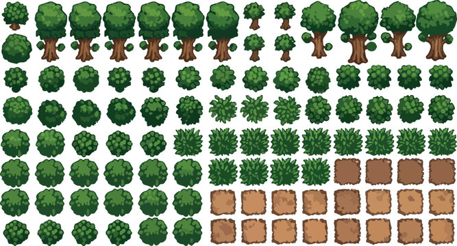 Pixel art game assets set, retro 8-bit style trees and bushes vector collection, green forest vegetation and soil tiles for RPG map design