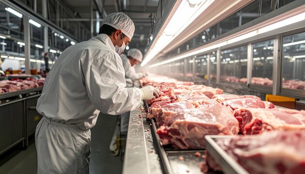 Meat processing plant workers handling raw meat on conveyor belt.