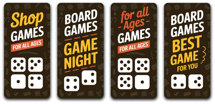 Board game banners illustration set, generic dice and hand drawn doodle background for gaming promotion and entertainment design.
