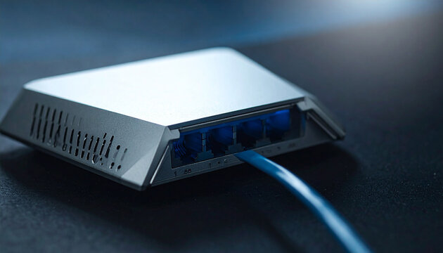 Silver network router with blue ethernet cable plugged in internet technology