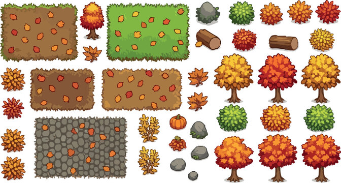 Autumn pixel art game assets, isometric fall forest environment elements, 2D game map tiles with orange trees and fallen leaves, nature sprite sheet